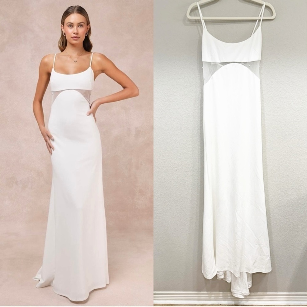 Sz M NWOT‎ Lulus Euphoric Eloquence White Sheer Mesh Pearl Sleeveless Maxi Dress